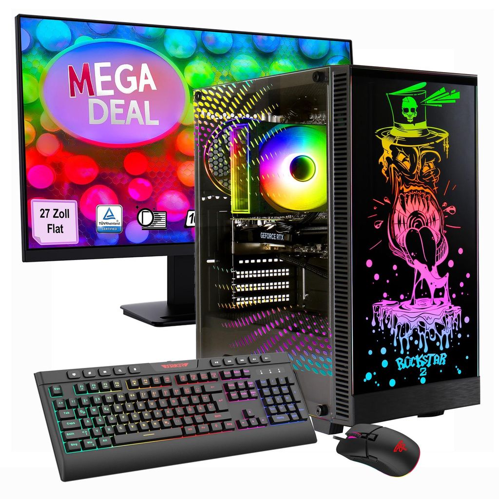 GAMEMAX Gaming-PC Rockstar Komplett SET Ryzen 5 7500F 32GB DDR5 1TB SSD RTX 5060Ti (16GB) + MSI PRO MP273A LED-Monitor, 69cm (27"), Maus, Tastatur