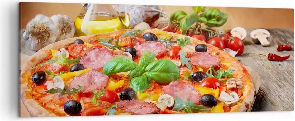 Bild auf Leinwand - Leinwandbild - Pizza Käse Tomaten - 140x50cm - Wand Bild - Wanddeko - Leinwanddruck - Bilder - Kunstdruck - Wanddekoration - L...