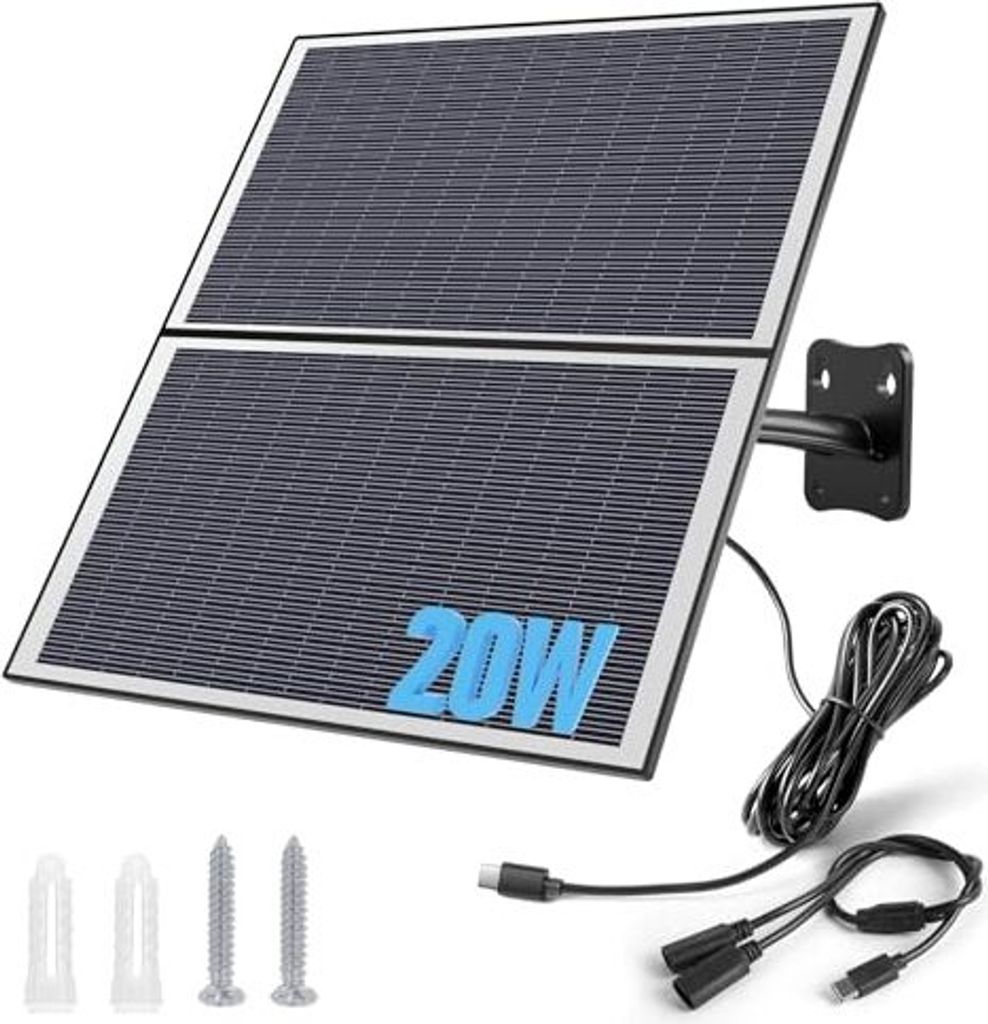20W Solarpanel für Akku Überwachungskamera Aussen, Type-C Schnittstelle, Solar IP Kamera, (3 meter Kabel), Schwarz