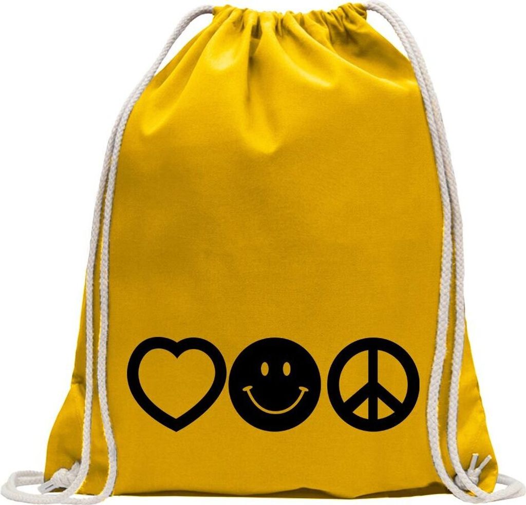 Kiwistar - Turnbeutel - gelb - Love Happy Peace - Liebe Glück Frieden - Fun Rucksack Sport Beutel Gymsack Baumwolle mit Ziehgurt