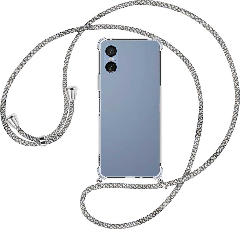 Handykette Backcover-Schutzhülle mit Band (Metall silberfarben) für Sony Xperia 5 VI / 10 VI - weiß/grau kariert