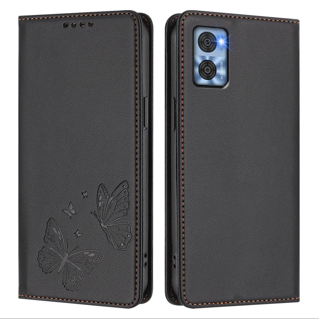 Lederhülle für Motorola Moto E22 / E22i, Schmetterling Prägung Leder Brieftasche Schutzhülle mit Ständer Schwarz