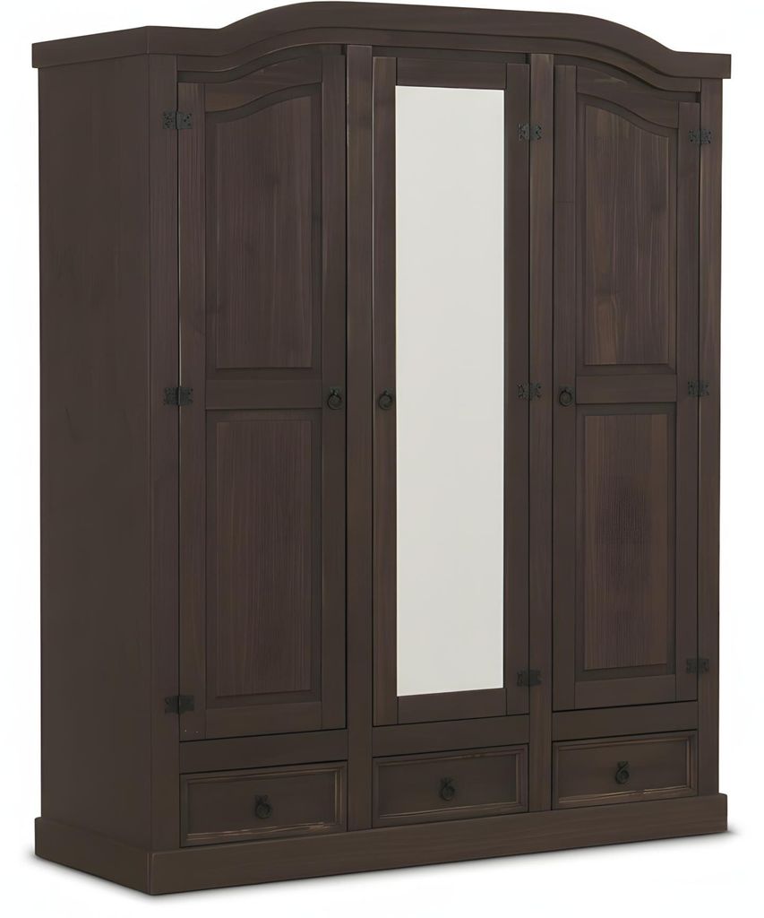 New Mexico Kleiderschrank 3 türig mit einer Spiegeltür, 2 getäfelten Türen und 3 Schubladen in kolonial gebeizt, gewachst.
