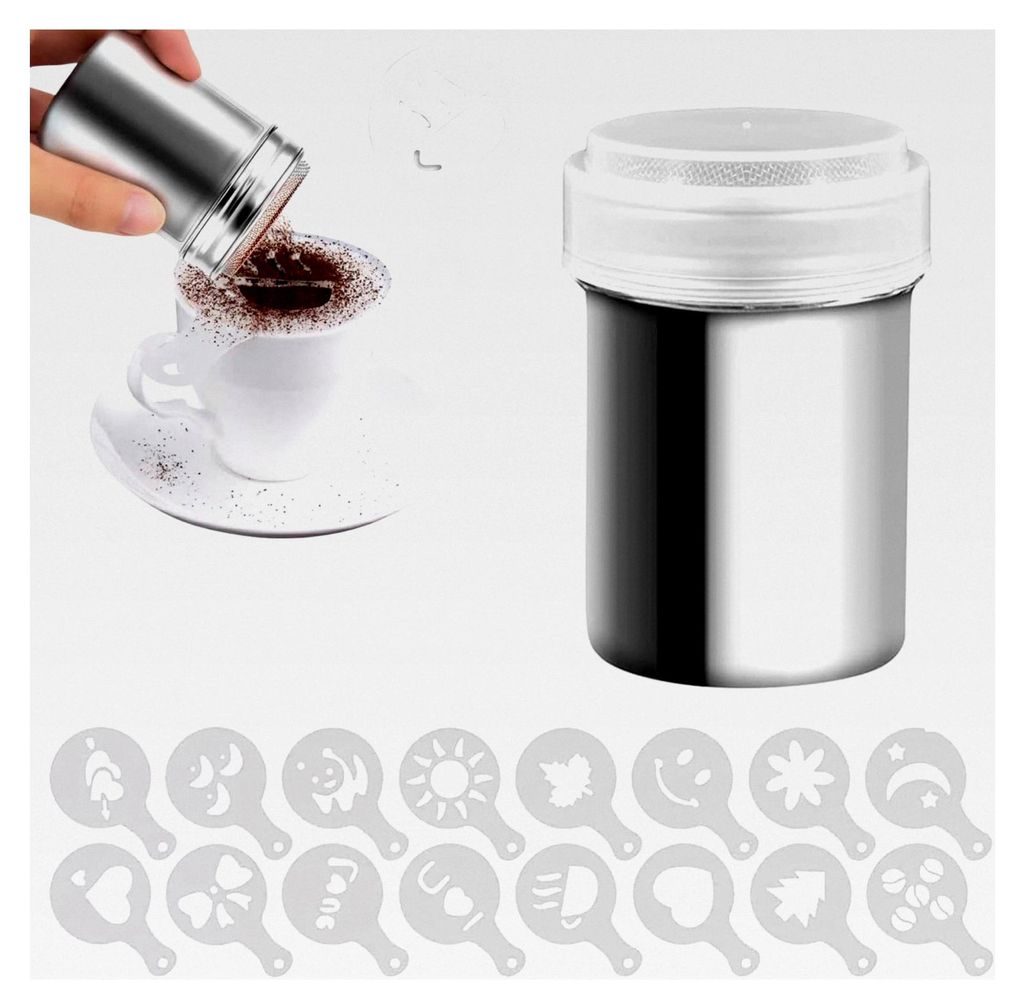Schokoladenstreuer mit Kaffeeschablonen-Set (16 Stück), Edelstahl Kakaostreuer, Puderzuckerstreuer, Cappuccino Schablonen für Kakao, Kaffee, Zuck...