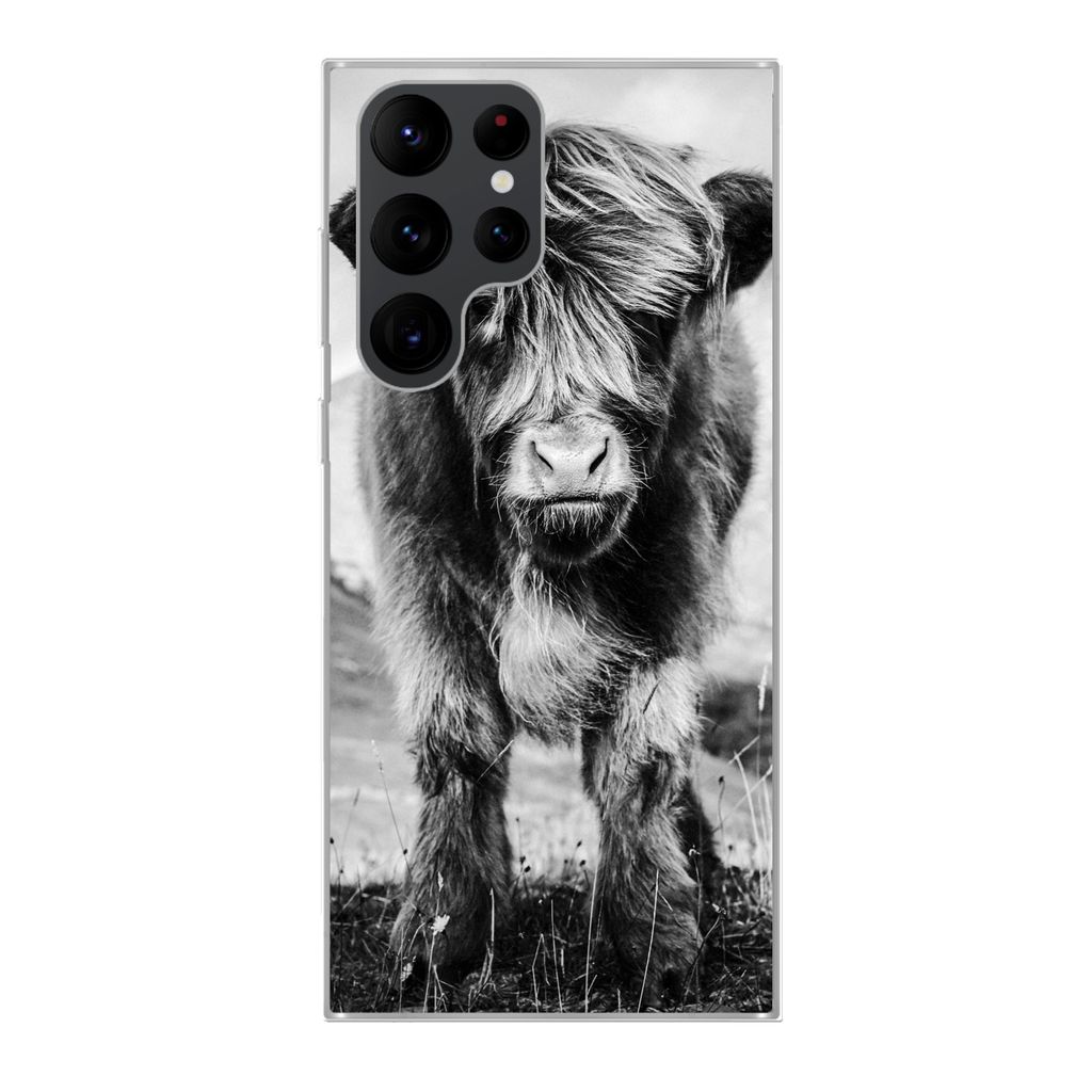 MuchoWow Handyhülle Schutzhülle Hülle für Samsung Galaxy S22 Ultra Schottischer Highlander - Berg - Schwarz - Weiß Silikon Softcase Handy H...