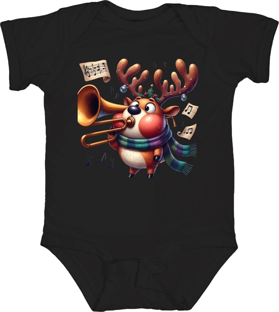 Weihnachtsrentier Posaune Notenblatt lustig niedlich Geschenk Unisex Baby Body, Schwarz, 12/18