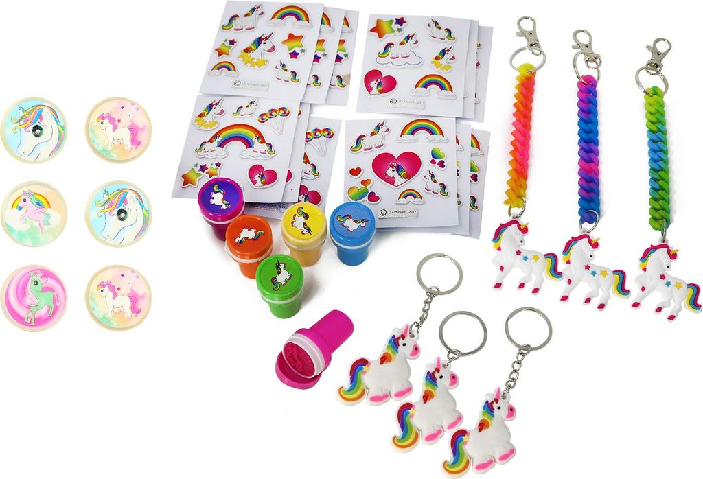 com-four 30-teiliges Mitgebsel Set mit Einhorn Motiven für Kindergeburtstage bestehend aus Stickern, Schlüsselanhängern, Flummi und Stempel [A...