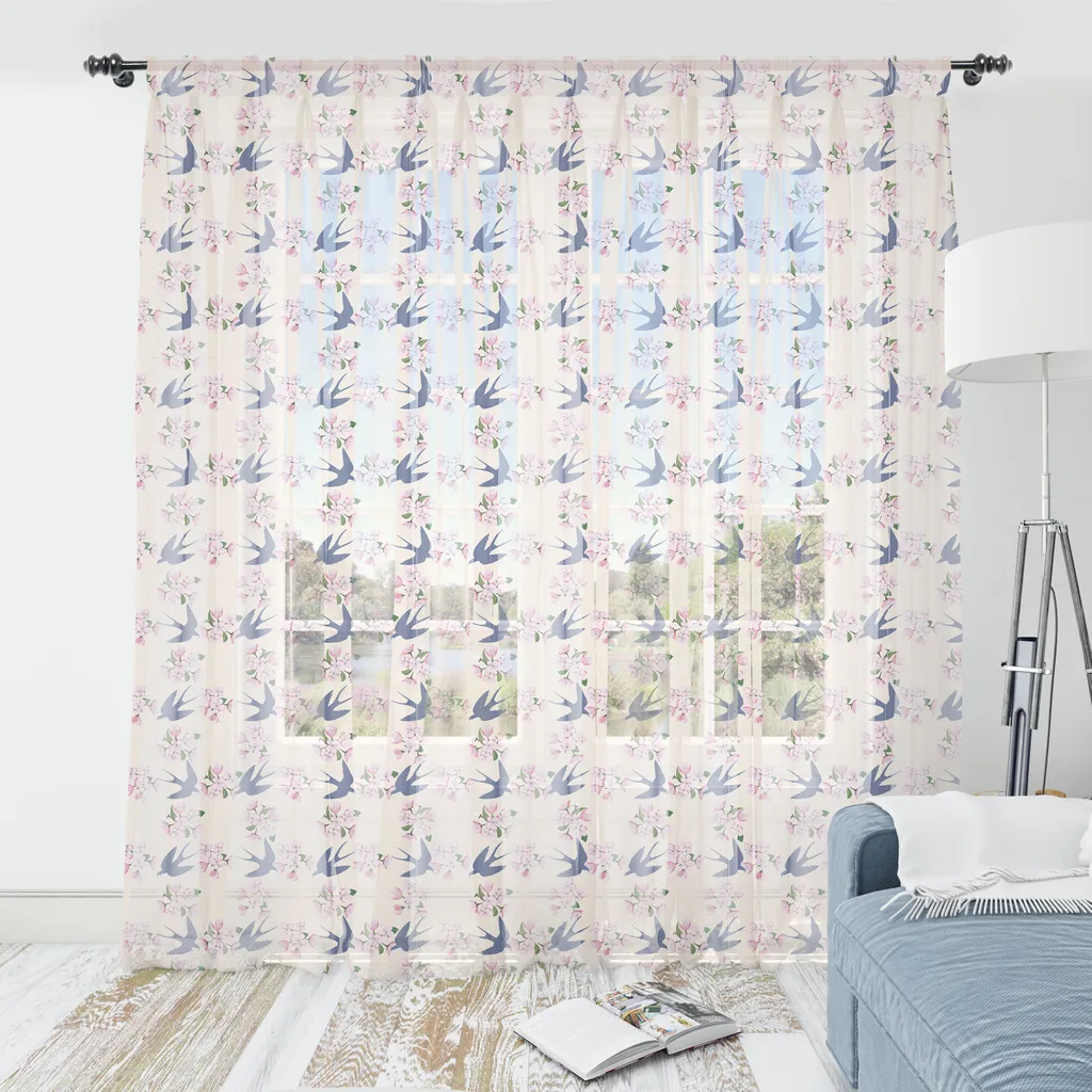 ABAKUHAUS Romantico arazzo, Grazioso bouquet di fiori e motivo con rondini, Arazzo in raso setoso per soggiorno e camera da letto, 160 cm x 274 cm, Indaco Champagne