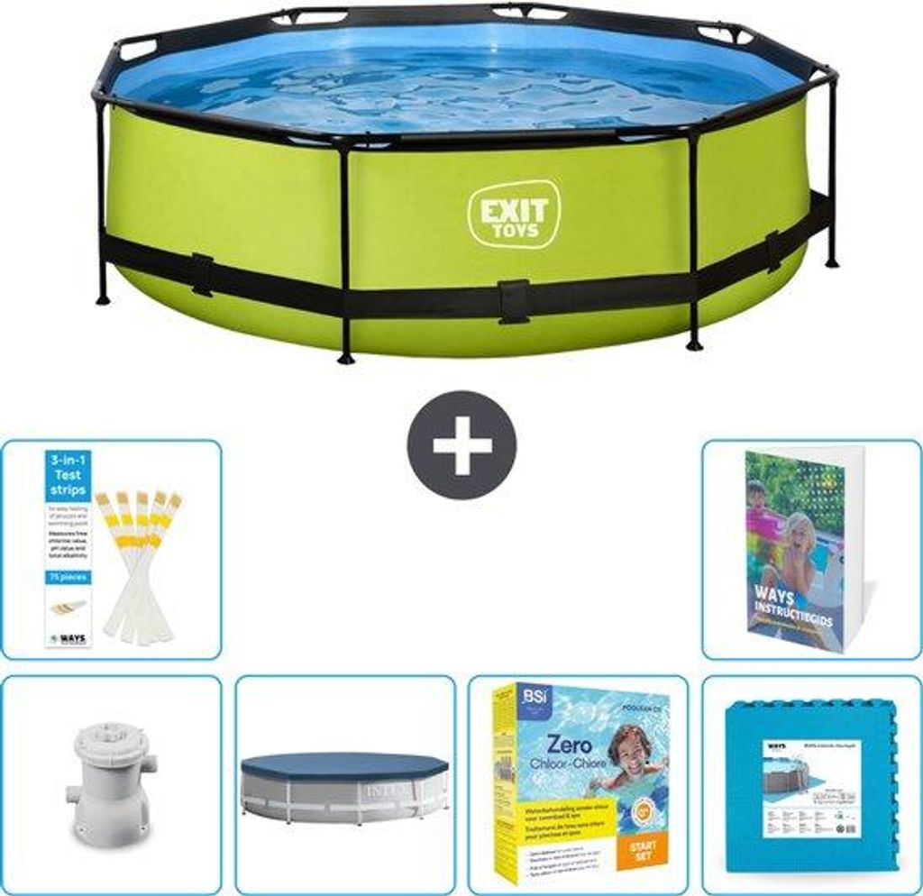 Lime Rond Zwembad aus Kunststoff - 300 x 76 cm - mit Pumpe und Abdeckung - Inklusive Wartungspaket und 7 Teilen