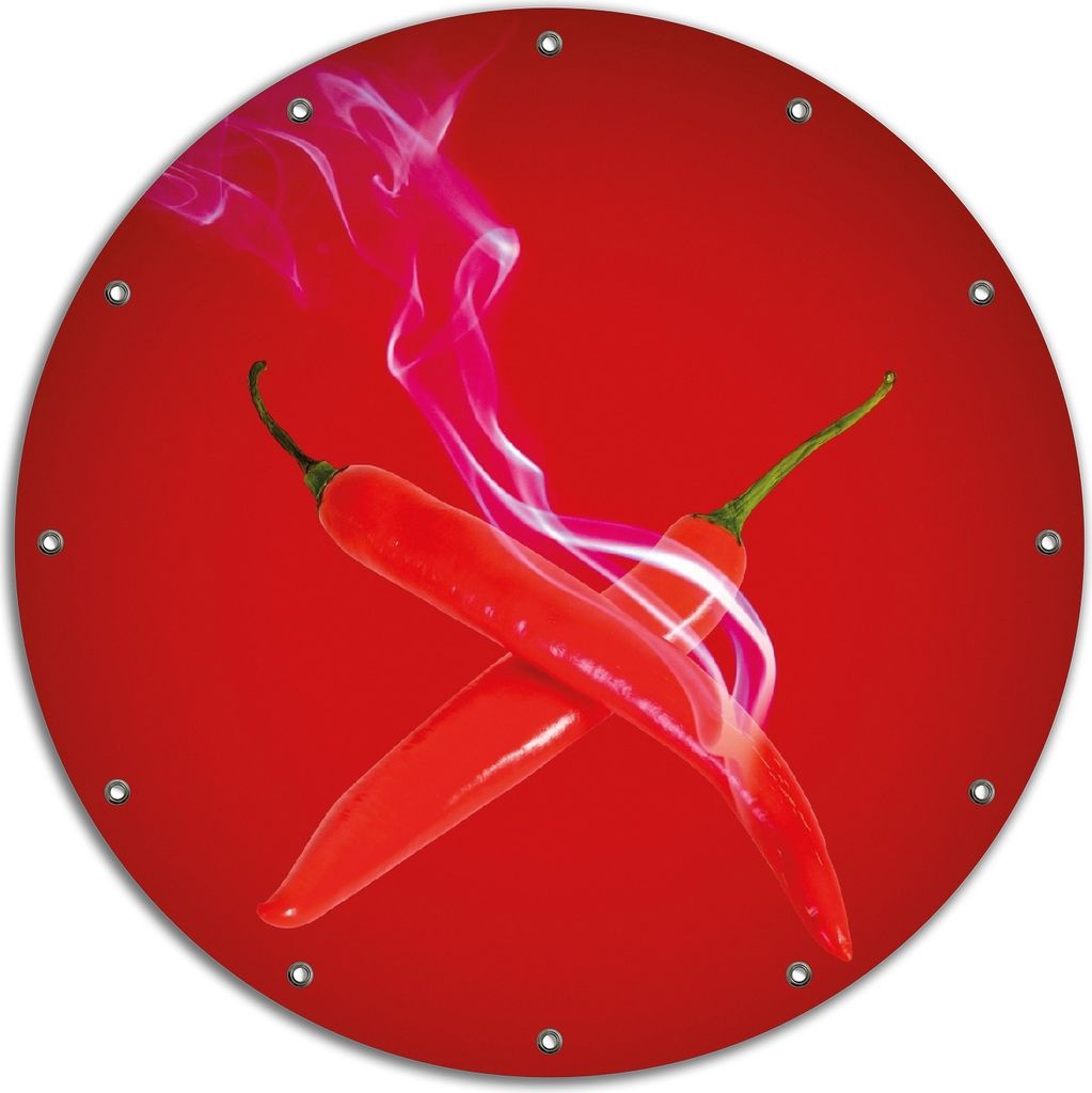 Wallario rundes Outdoor-Poster für Garten oder Balkon, Motiv Rauchende Chili-Schoten im Duo vor rotem Hintergrund, 90 cm Durchmesser
