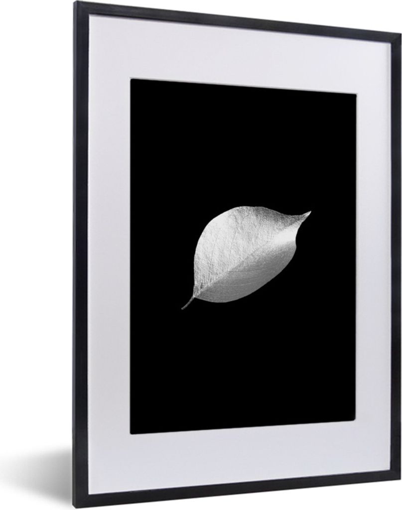 MuchoWow Gerahmtes Poster Blatt auf schwarzem Hintergrund - schwarz und weiß 30x40 cm - Poster mit Schwarzem Bilderrahmen Wandposter Rahmen Foto...