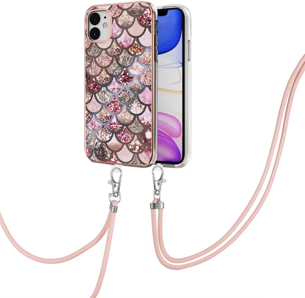 Custodia con cinturino per iPhone 11, custodia in TPU a fantasia con cinturino regolabile Caffè