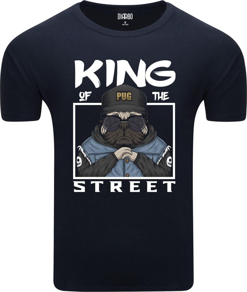 Diarbo Herren T-Shirt mit Lustiger Druck Mops, König der Straße Dunkelblau Gr.S