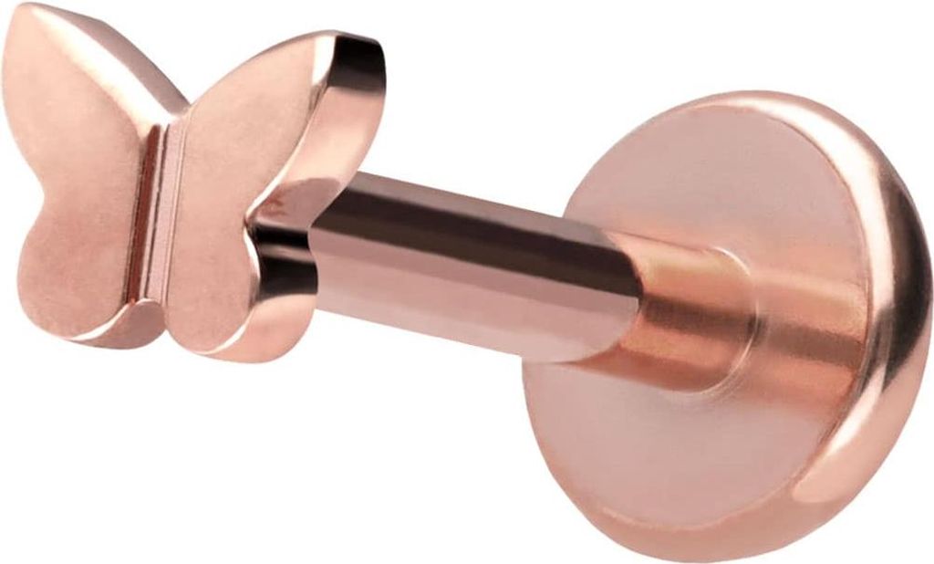 Ohrpiercing, Nasenpiercing Titan Labret mit Push Fit SCHMETTERLING RoséGold Stablänge: 9mm | Stabstärke: 1,2mm | Discgröße: 3,5mm