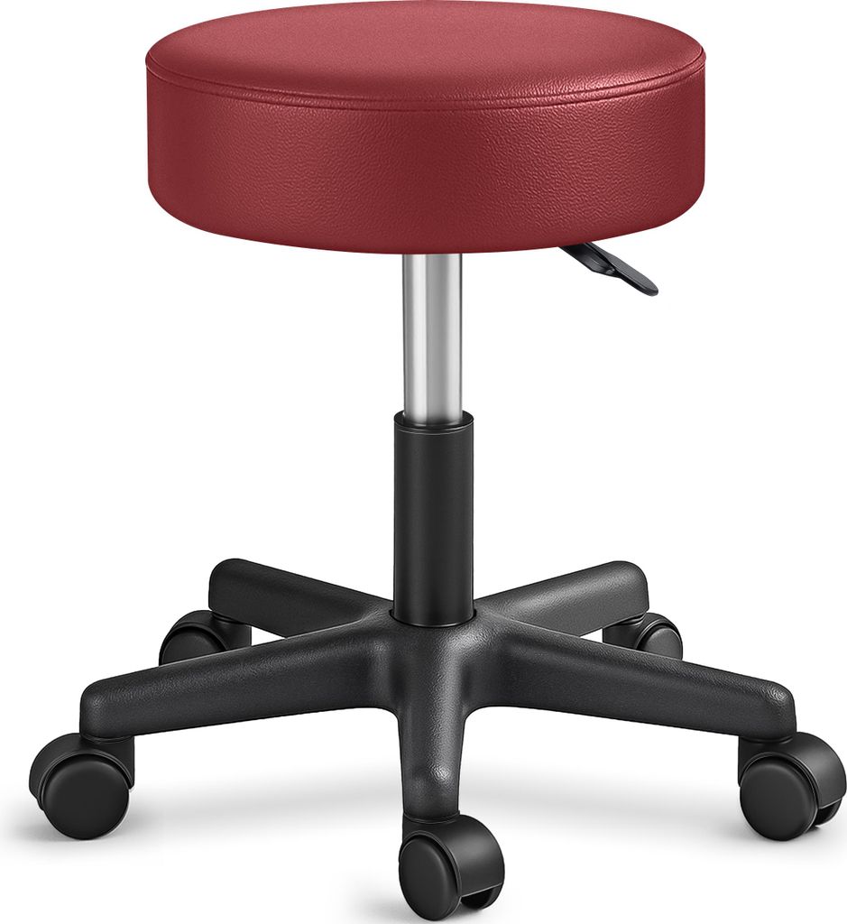 TRESKO Rollhocker höhenverstellbar Weinrot 150 kg | Hocker Drehhocker 10 cm Dicke Polsterung 47-60 cm | Arbeitshocker Bürohocker 360° drehbar mi...