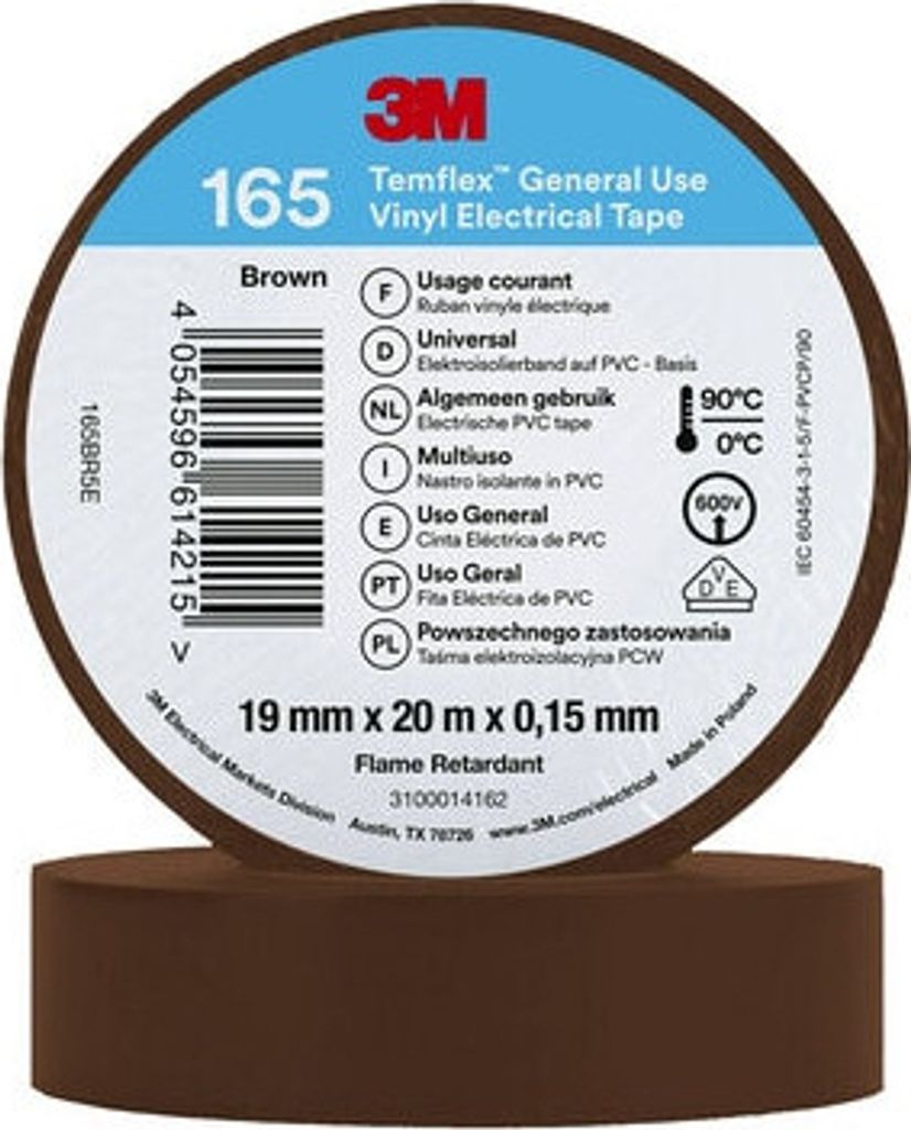 3M Temflex Vinyl-Isolierband 165, Baun, 19 mm x 20 m | Packung (1 Rolle)