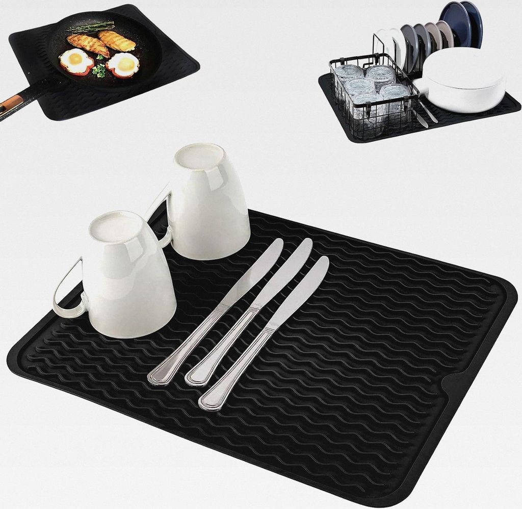 Silikon Abtropfmatte Geschirr für Küchenarbeitsplatte, Wellen-Design Spültuchmatte, rutschfest, Schutz für Oberflächen. Schwarz