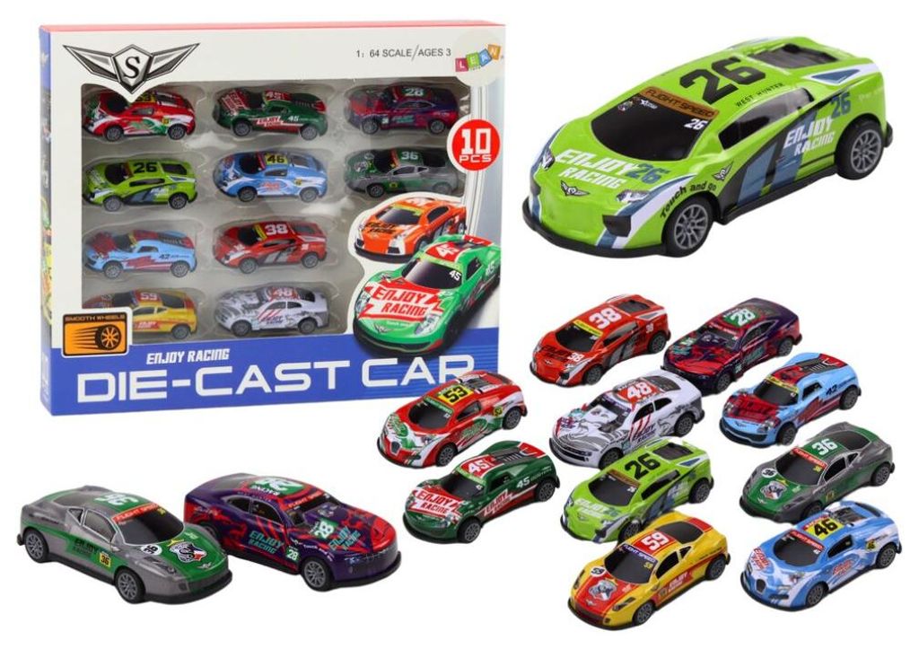 Leantoys Set Spielzeugautos, Federn, Sportrennwagen 1:64, 10-teilig.