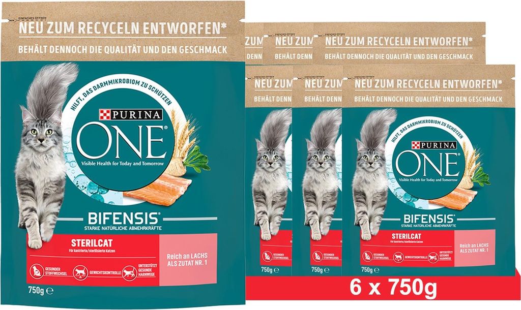 PURINA ONE BIFENSIS STERILCAT Katzenfutter trocken für sterilisierte Katzen, reich an Lachs, 6x750g (6 x 750g)