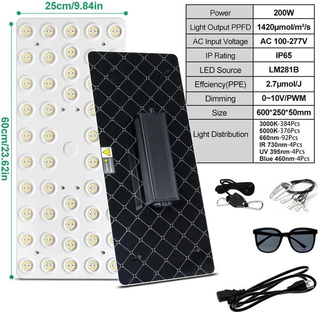 LED Pflanzenlampe - 200 W - Vollspektrum - Dimmbar Per Drehknopf - LM281B LEDs - AC 100–277 V - Aluminiumgehäuse - Lichtfarbe: Wechselbar