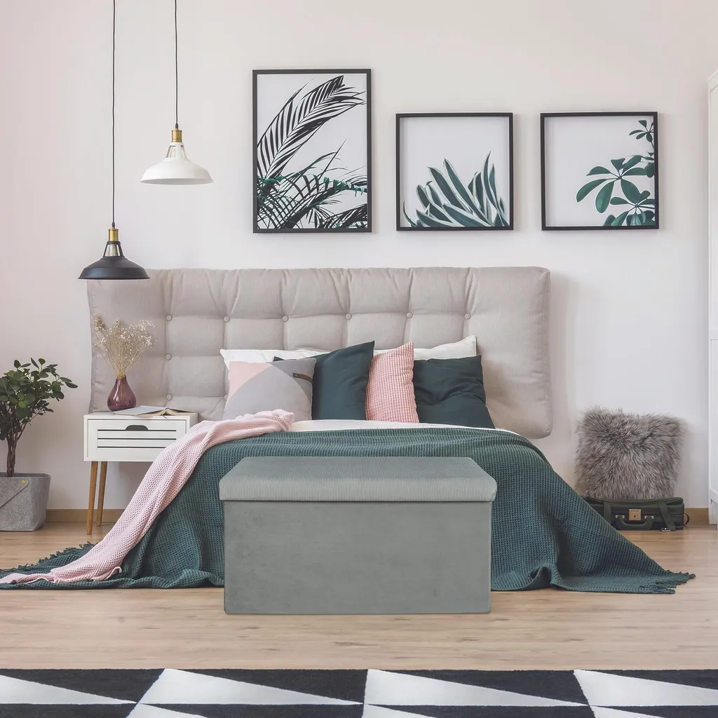 Coffre de Rangement Giulia en Velours Gris Côtelé et Assise Confort