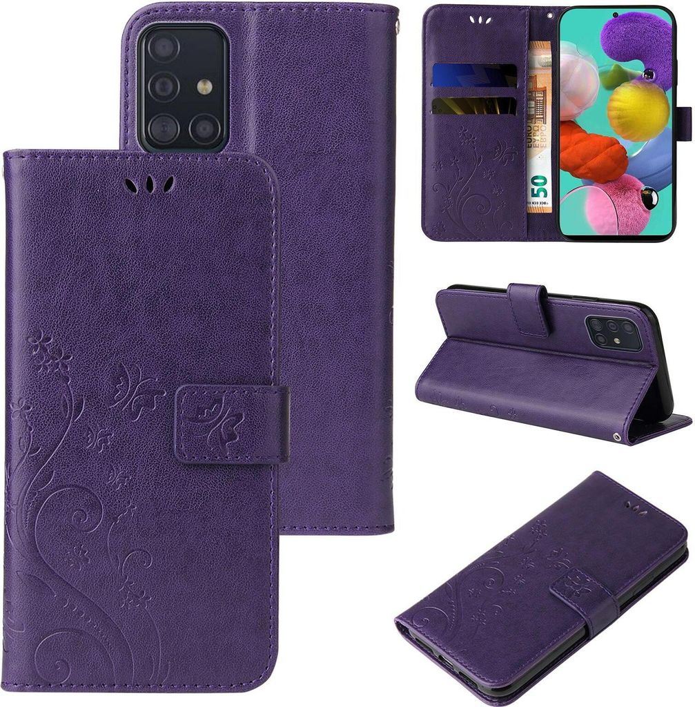 A collage of images showing a purple floral butterfly flip phone case for a Samsung Galaxy A51.