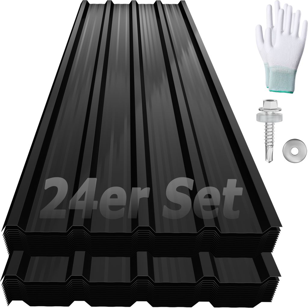 A stack of black corrugated metal roofing sheets with a screw and washer, and a pair of white gloves.