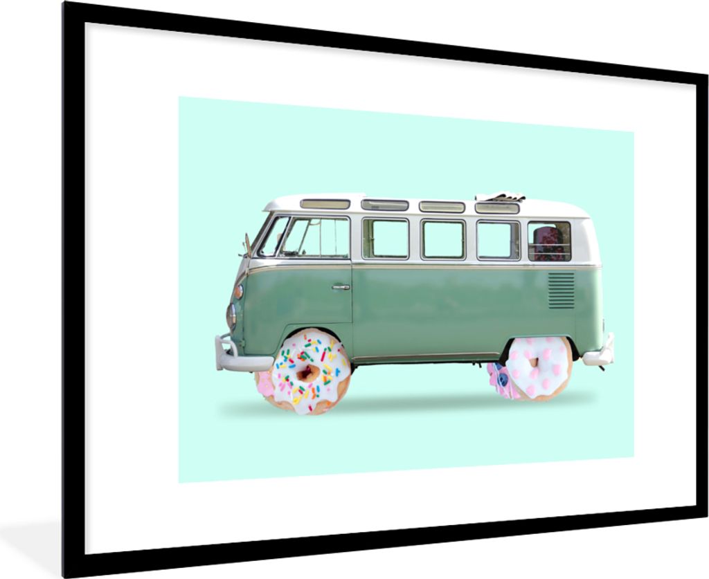 MuchoWow Gerahmtes Poster Donuts - Lieferwagen - Auto - Grün 90x60 cm - Poster mit Schwarzem Bilderrahmen Wandposter Rahmen Foto Bilder - Wandde...