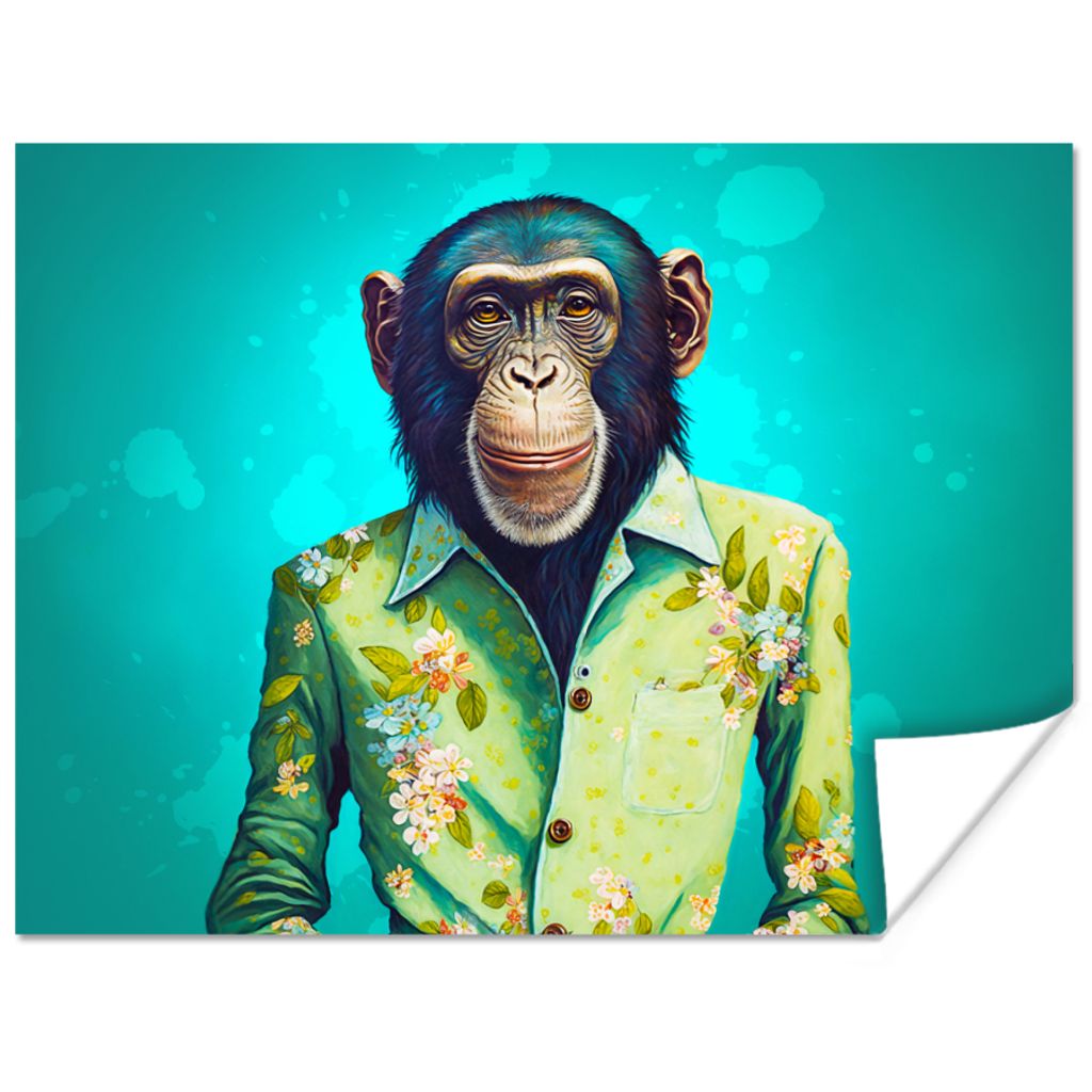 MuchoWow Poster Affe - Bluse - Blumen - Grün - Porträt 160x120 cm - Foto Plakat