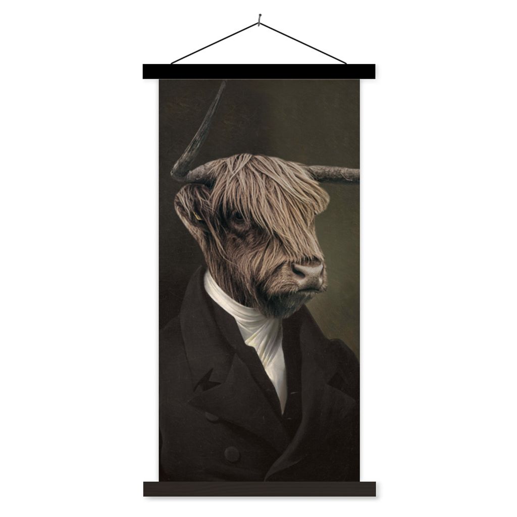 MuchoWow Textilposter Schottischer Highlander - Malerei - Tiere 90x180 cm mit schwarzem Rahmen - Dekoration Wohnzimmer