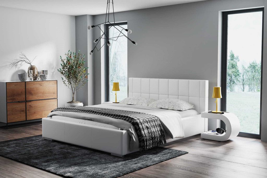 AGMAT Polsterbett DUBAJ mit Kopfteil, 180 x 200 cm, Doppelbett mit Bettkasten und Lattenrost aus Metall, Kunstleder: Weiß
