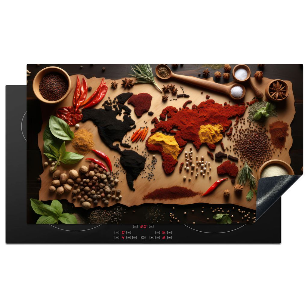 KitchenYeah Herdabdeckplatte Kräuter - Gewürze - Weltkarte - Braun - Löffel - Farbenfroh , 89x51cm, Küche Deko, Glaskeramikkochfeld Herdabdec...