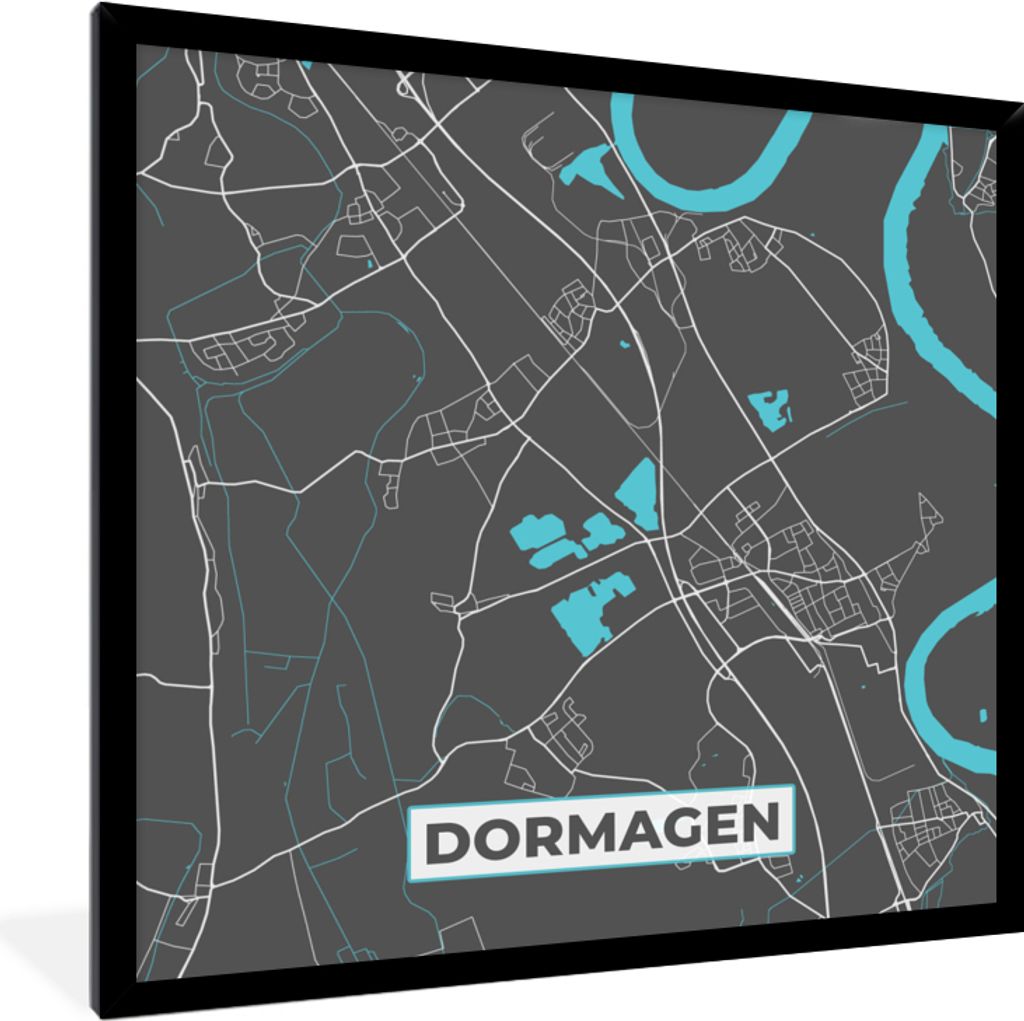 MuchoWow Gerahmtes Poster Karte - Karte von Dormagen - Deutschland - Blau 40x40 cm - Poster mit Schwarzem Bilderrahmen Wandposter Rahmen Foto Bil...