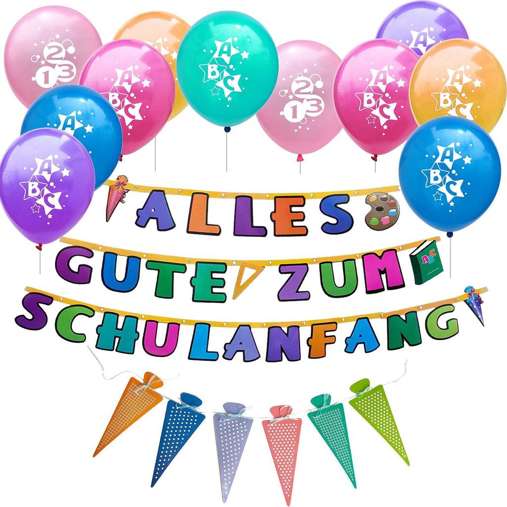 Oblique Unique Schuleinführung Schulanfang Einschulung Deko Set - Luftballons + Girlande + Einladungskarten