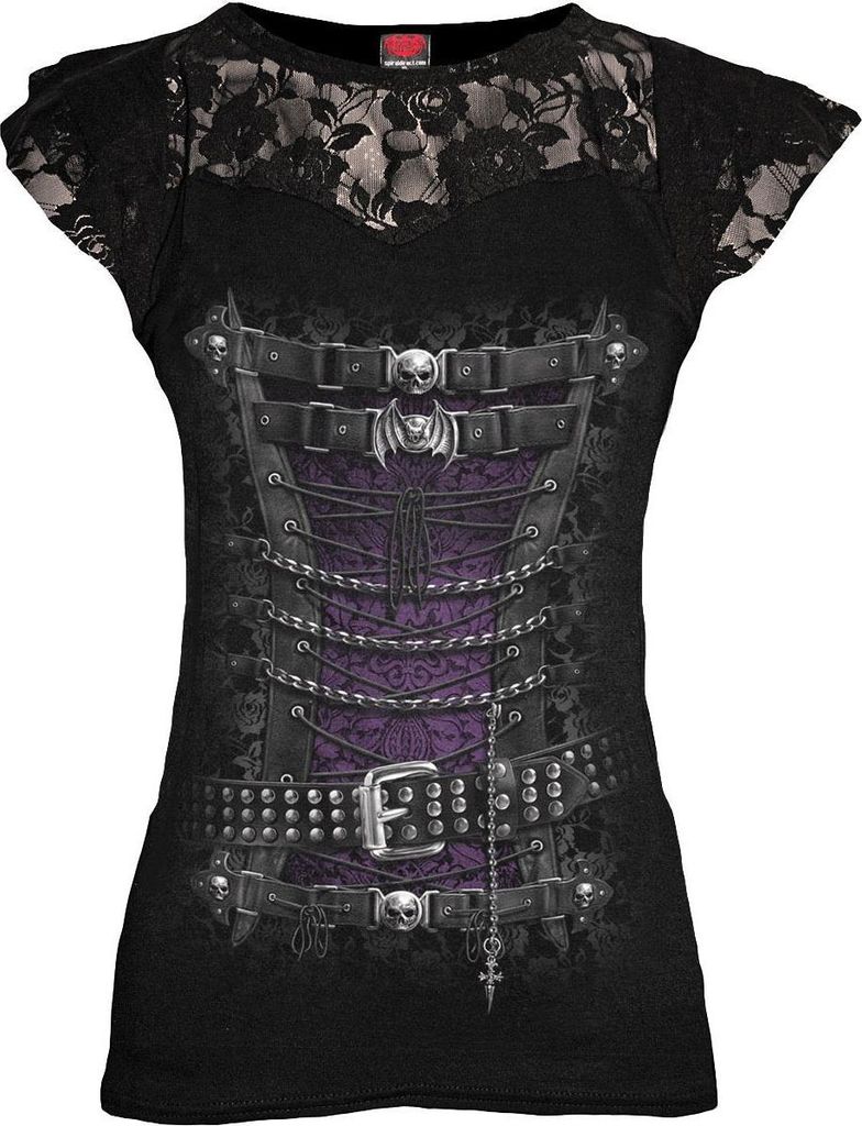 Spirale - Tailliertes Korsett - Spitze Lagen-Cap Sleeve Top Schwarz
