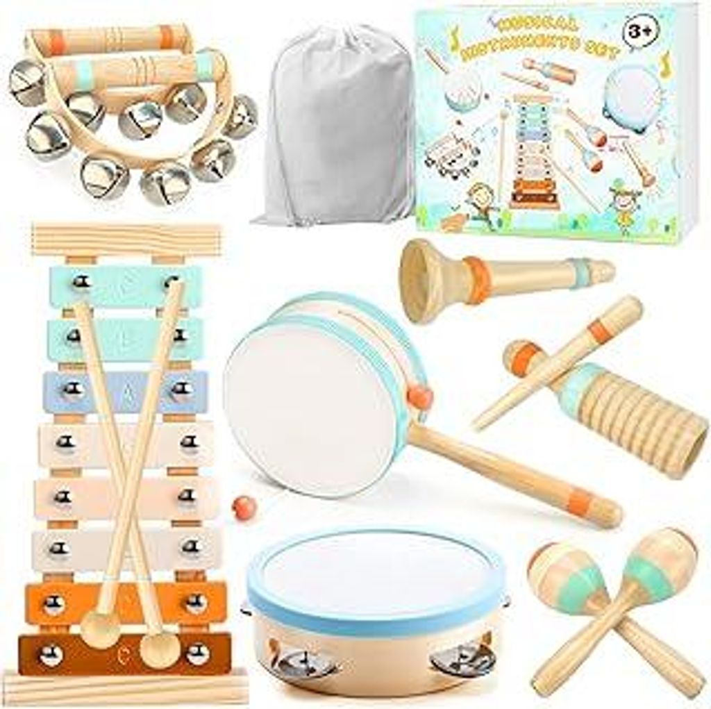 Musikinstrumente für Kinder- Miljgte Montessori Spielzeug ab 1 Jahr Holzspielzeug Trommel Xylophon Percussion Instrumente Baby Musikspielzeug Gebu...
