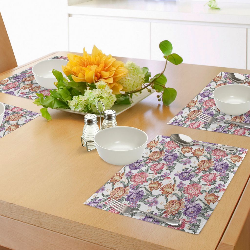 ABAKUHAUS Blumen Platzmatten, Weinlese-Bunte Blumen und Locken auf weißem Hintergrund Romantischer Frühlings-Muster-Druck, Tiscjdeco aus Farbfest...
