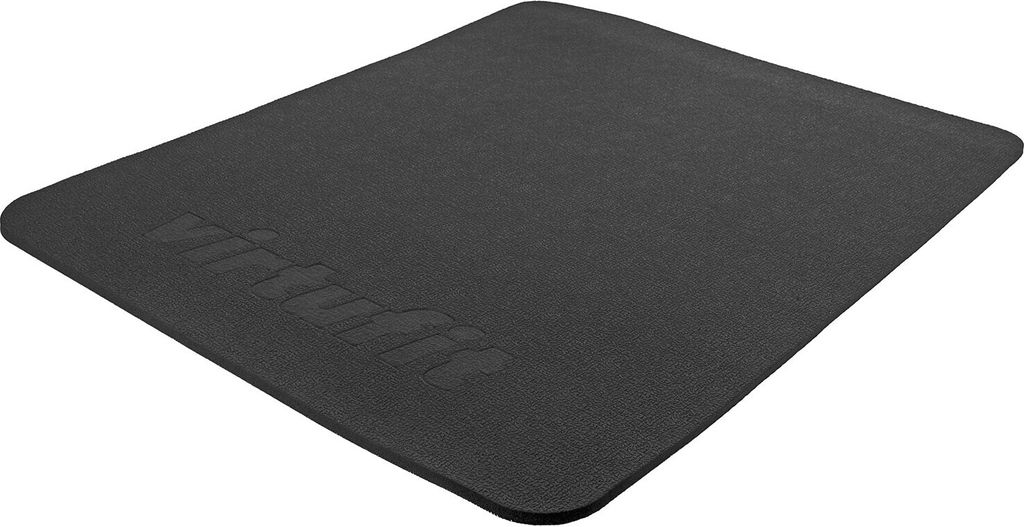 A black floor mat with a logo embossed on it.
