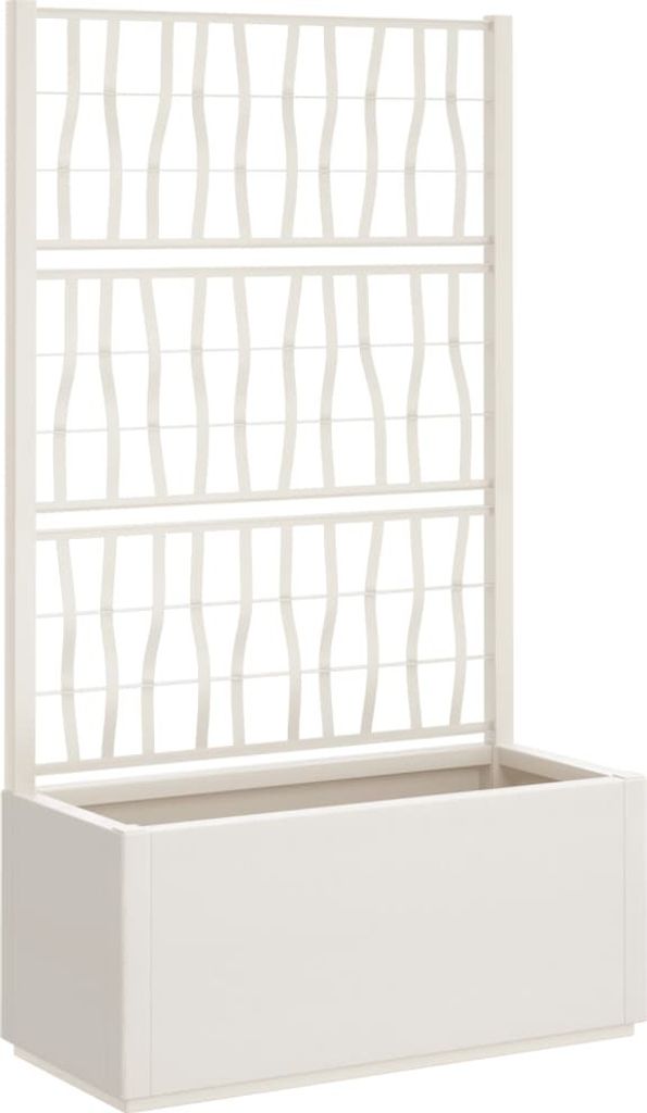 A white planter box with a trellis attached.