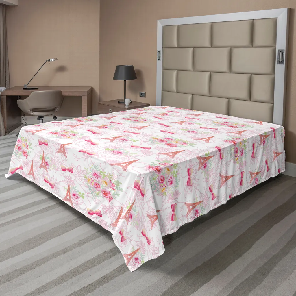 Drap de lit doux motif Paris Arc et fleurs rose et vert 260 cm x 228 cm