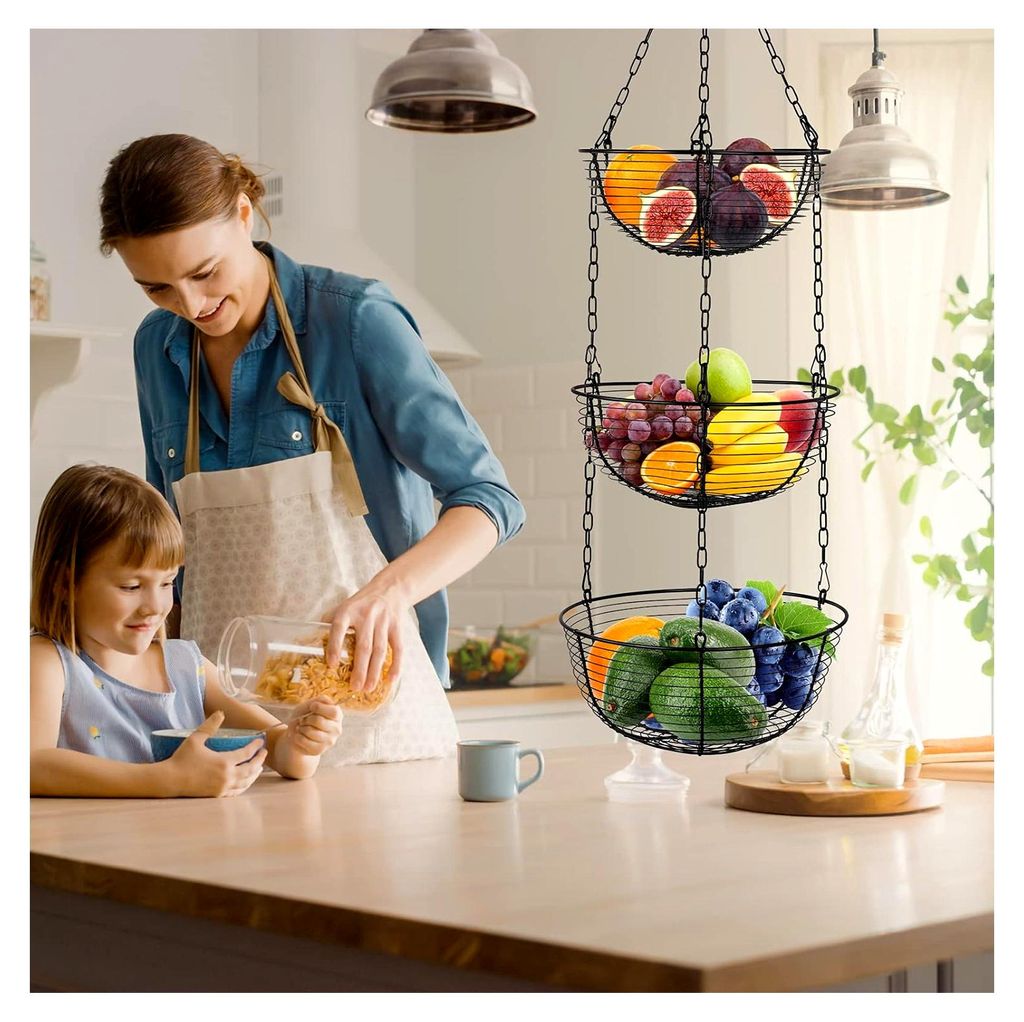 Hängekorb mit 3 Etagen, Obstkorb zum Aufhängen mit Deckenhaken, 76 cm Höhe, Obstschale für die Küche, Gemüsekorb aus Metall (schwarz)