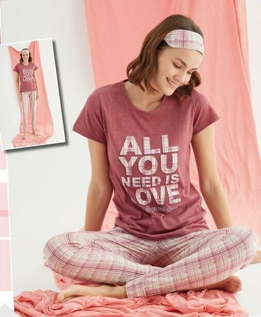 Damen Pyjama Schlafanzug Mehrfärbig L Kurz 3-Teiler Set mit Augenband S-82