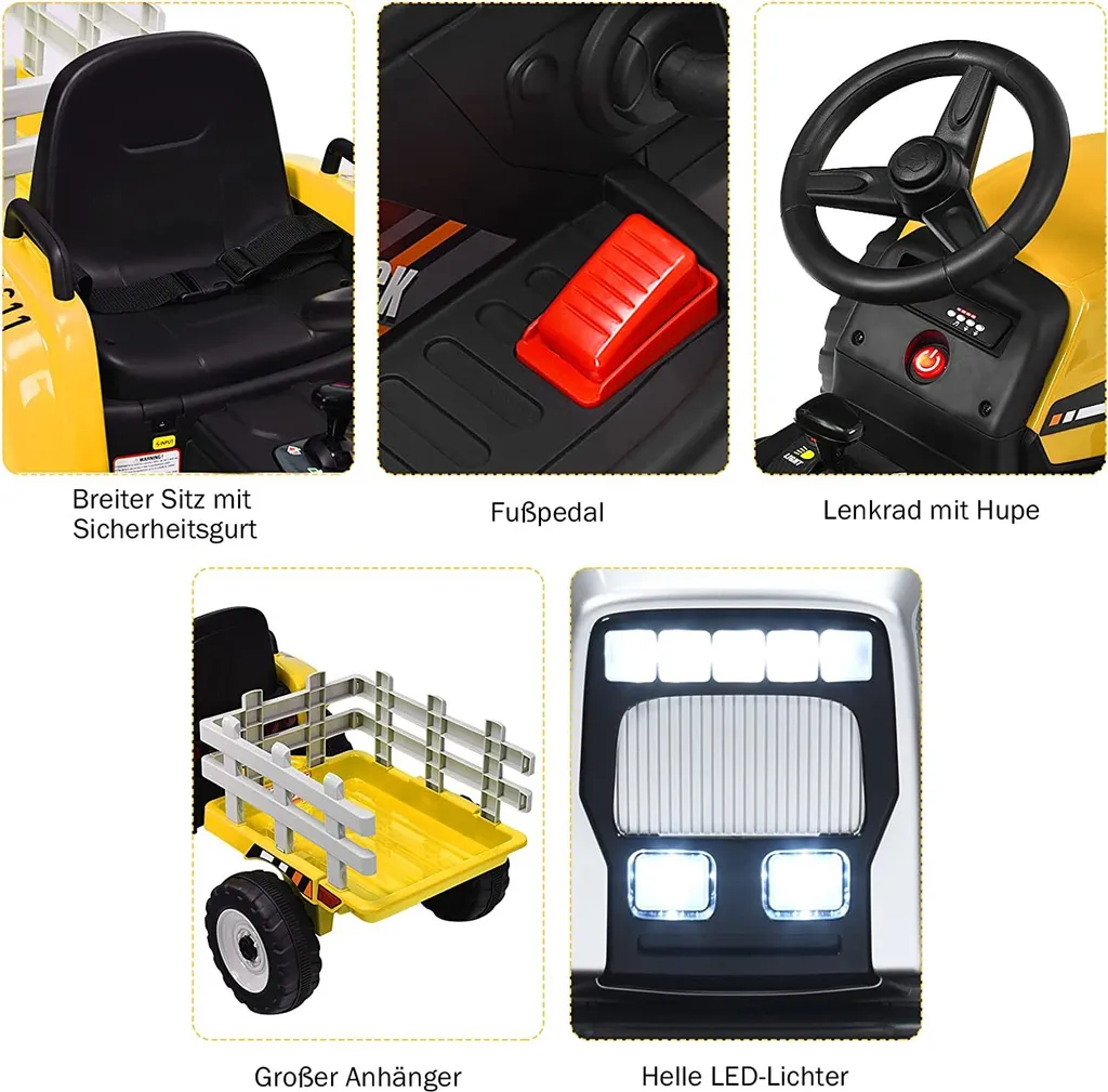 Tracteur électrique 12V jaune avec 3 vitesses et télécommande parentale - 6