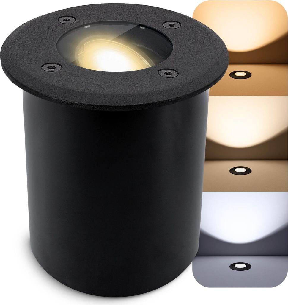 SSC-LUXon JUAVI Bodeneinbauleuchte Außenlampe IP67 LED - mit GU10 LED LumiFLEX dimmbar 6W drei Lichtmodi - Bodenstrahler schwarz matt 230V befahrbar