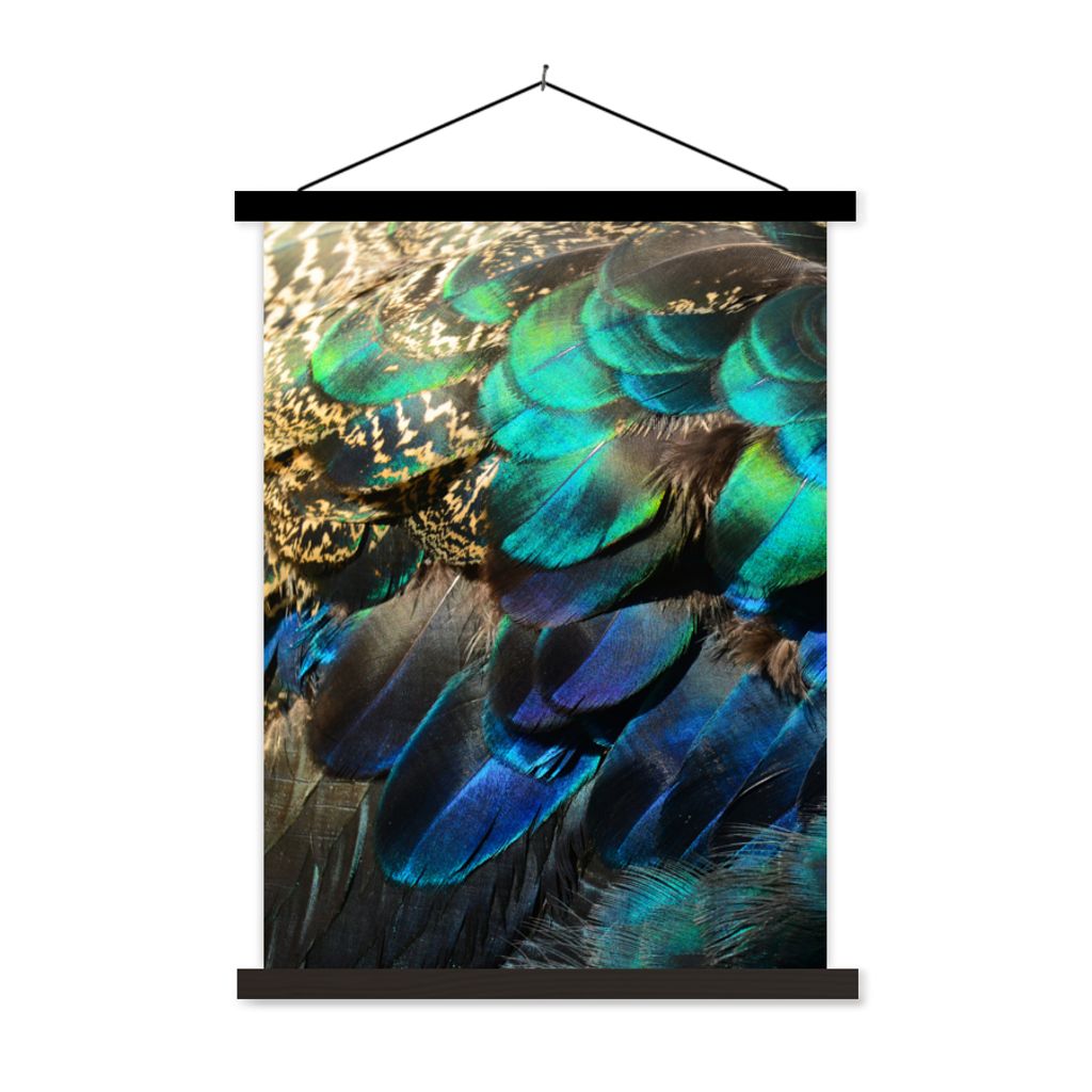 MuchoWow Textilposter Federn - Pfauenfedern - Pfau - Blau - Kunst 60x80 cm mit schwarzem Rahmen - Plakathalter