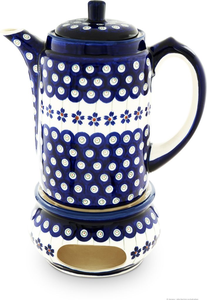1,25 L Bunzlauer Keramik Kaffeekanne mit Stövchen – Teekanne mit hoher, geradliniger zylindrischer Form, Nachbildung 166a
