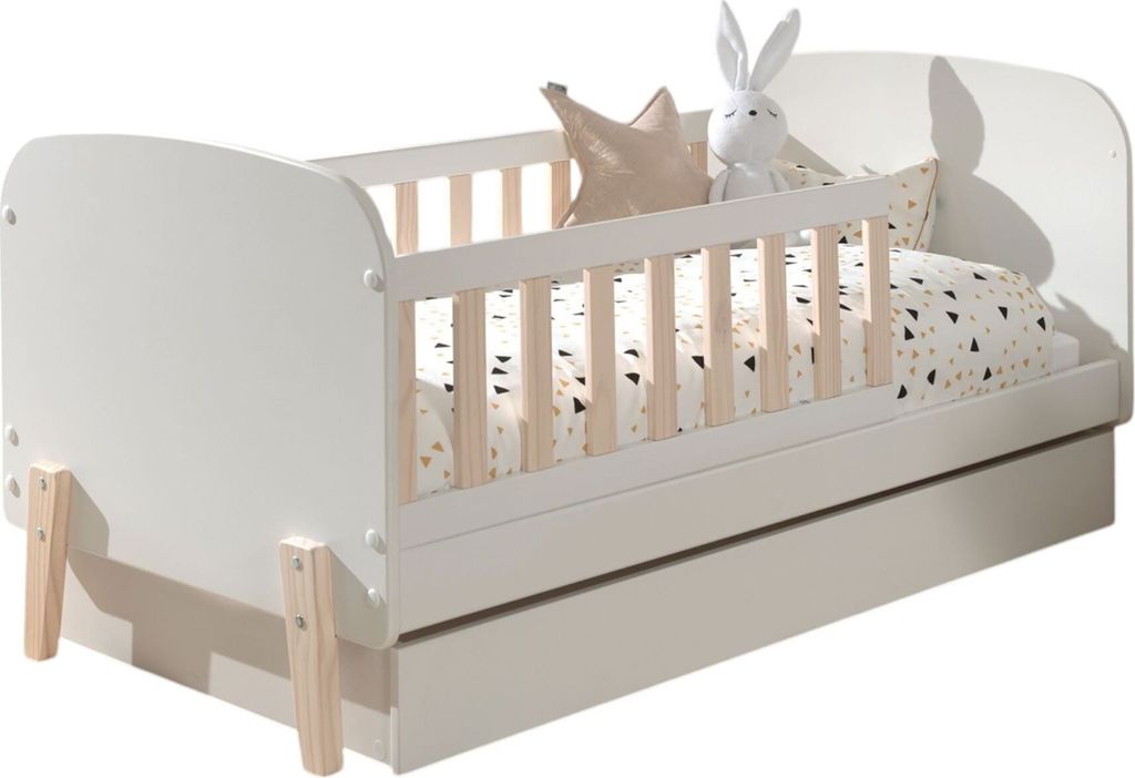 Babybett Karilynn 147x77x68 Gitterbett MDF+Massivholz Weiß