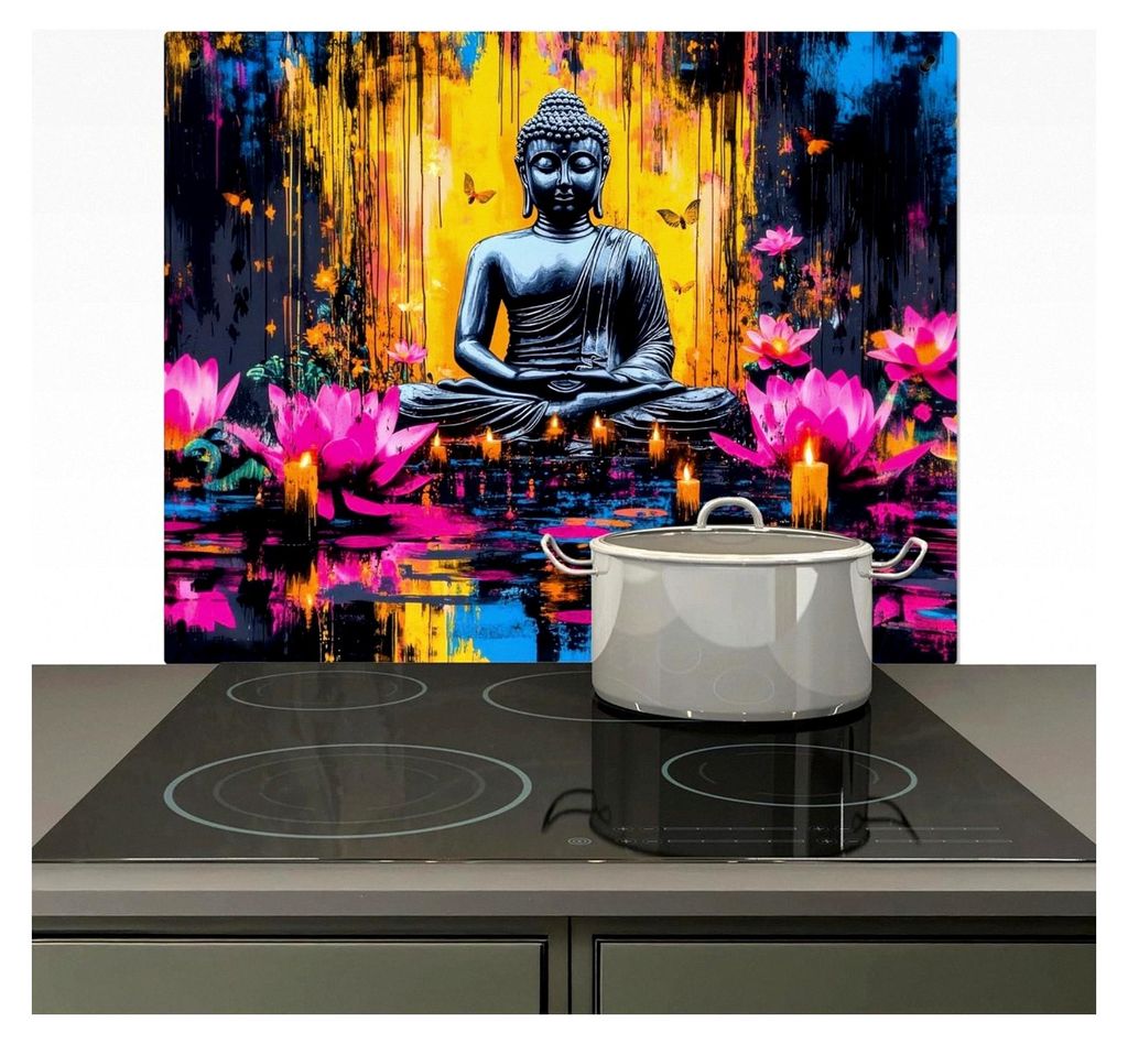 Spritzschutz für die Küche, Küchenrückwand aus Vinyl 60x52 cm, Herdabdeckung für Induktionskochfeld und Glaskeramikkochfeld mit Buddha, Blumen...