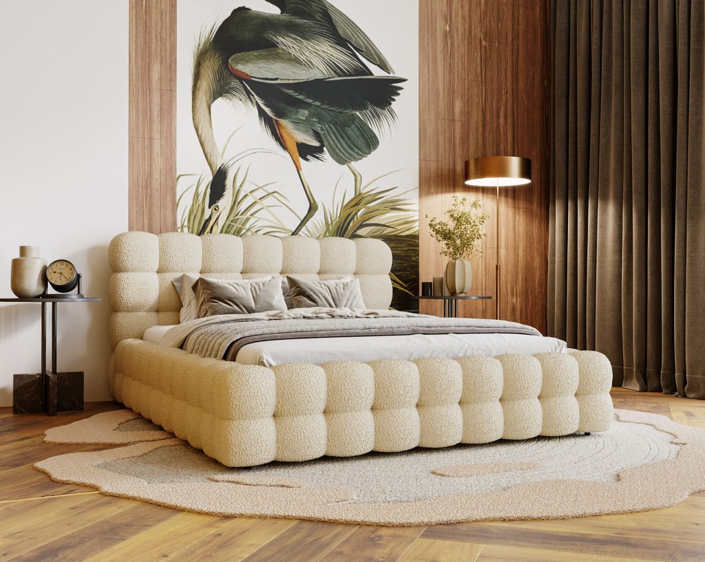 Polsterbett 180x200 Parlas Bis - Elegantes design, Schaumstoff - Lattenrost, Bettkasten - Bouclé Beige