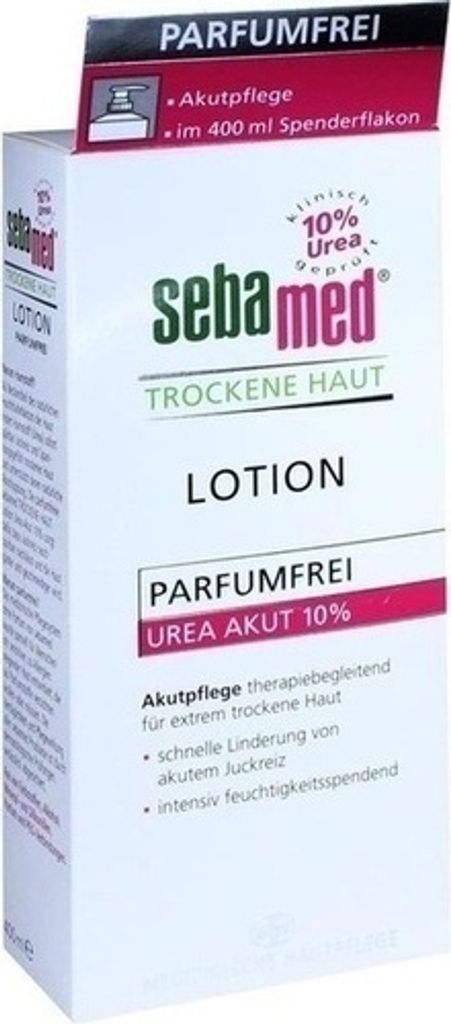 The image shows the front of a product box for Sebamed Trockene Haut Lotion.